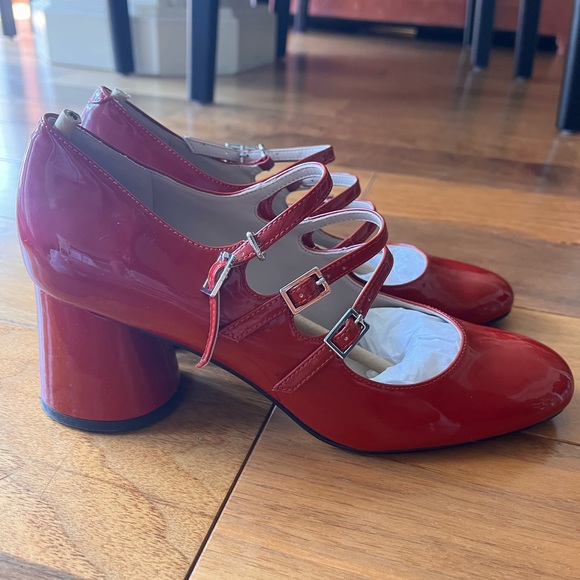 Charles and Keith triple buckled Red Mary Janes with Cylindrical Heels - Picture 5 of 7